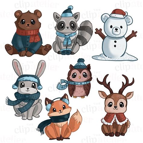 Winter Forest Animals Clipart Illustrations Snowy Woodland Etsy