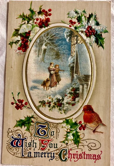 Vintage Christmas Postcard Couple In The Snow With Dog And Red Cardinal