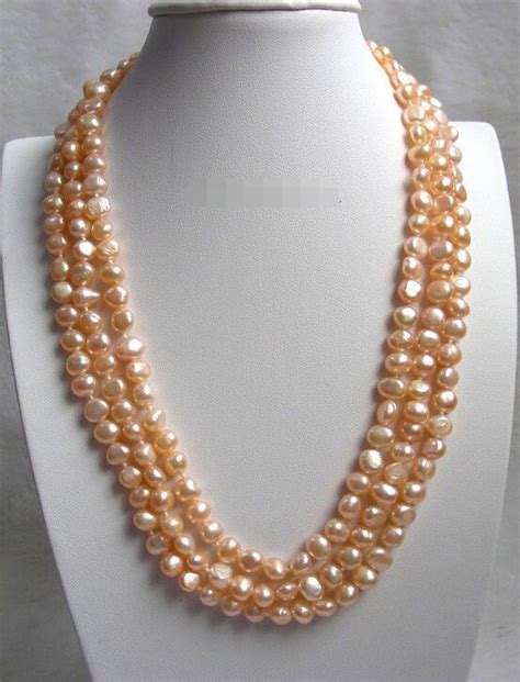 Free Shipping Beauty Baroque 3row Pink Freshwater Pearls Necklace In