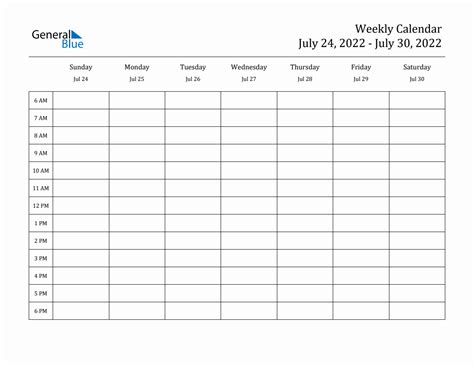 Weekly Calendar July 24 2022 To July 30 2022 Pdf Word Excel