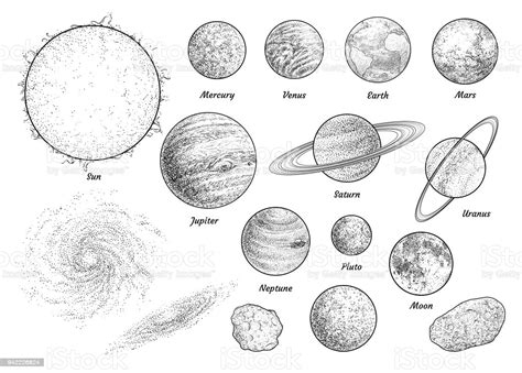 Solar System Illustration Drawing Engraving Ink Line Art