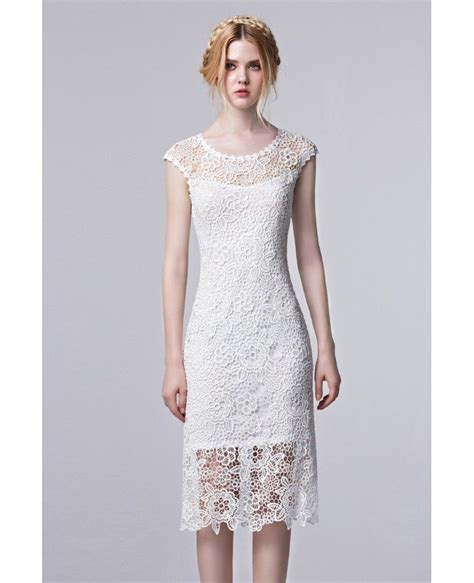 White Lace Knee Length Cutout Elegant Dress With Cap Sleeves
