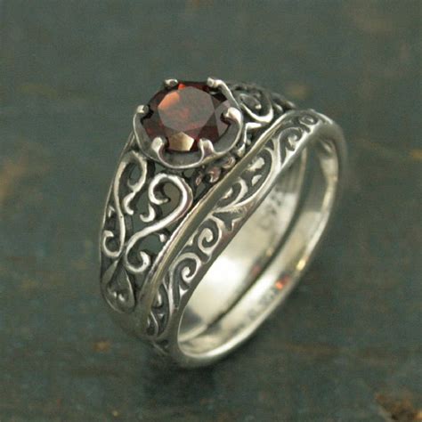 Filigree Garnet Ring Set Silver Filigree Ring Vintage Style Etsy