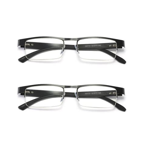 2 pairs mens rectangular metal half frame reading glasses spring hinge black readers 2 25