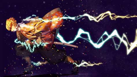 Demon Slayer Zenitsu Agatsuma With Sword And Lightning With Dark Purple