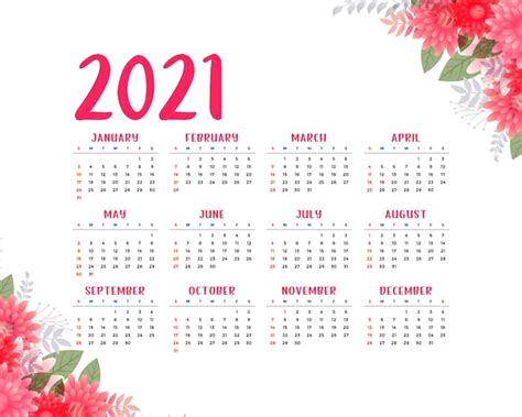 Free Vector Flower Style 2021 Beautiful Calendar Template