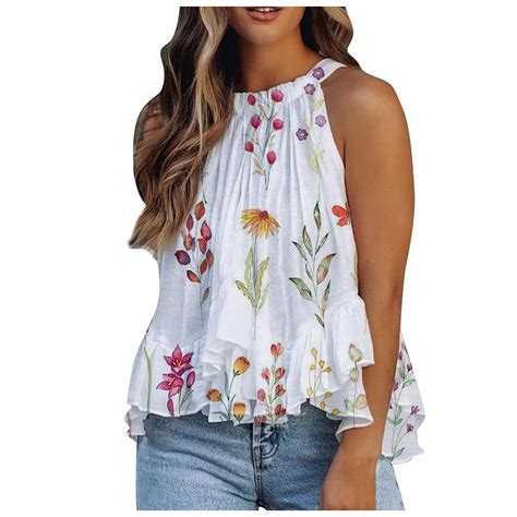 umfun women summer blouses halter neck tank tops floral sleeveless shirt pleated casual camisole