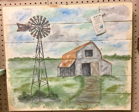 Farmhouse With Windmill Painted On Wood Farm Art Farm Windmill
