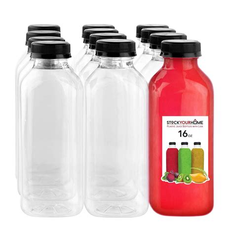 16oz Reusable Clear Plastic Juice Bottles With Caps 12 Pack By Stock