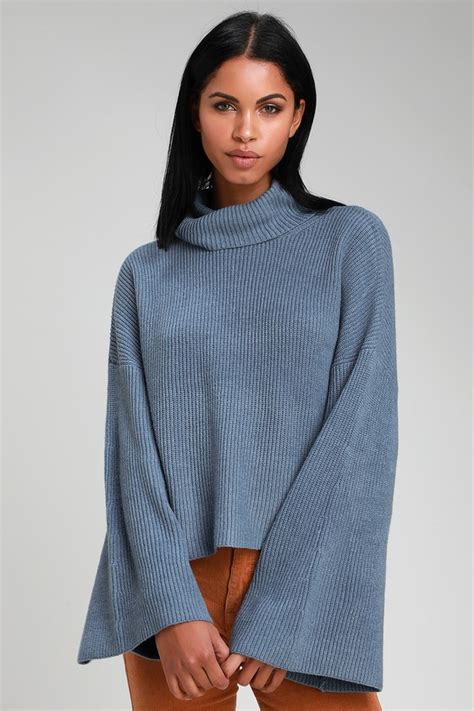 Slate Blue Turtleneck Sweater Knit Sweater Knit Turtleneck Lulus