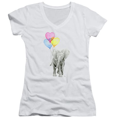 Watercolor Elephant With Heart Shaped Balloons Womens V Neck For Sale