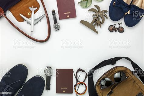 Top View Of Items For Travel With Fashion Men Women Background