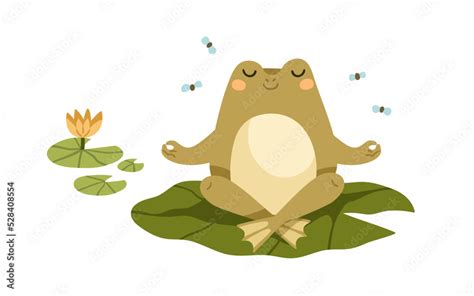 Vettoriale Stock Cute Frog In Meditation Pose Funny Foggy Relaxing On