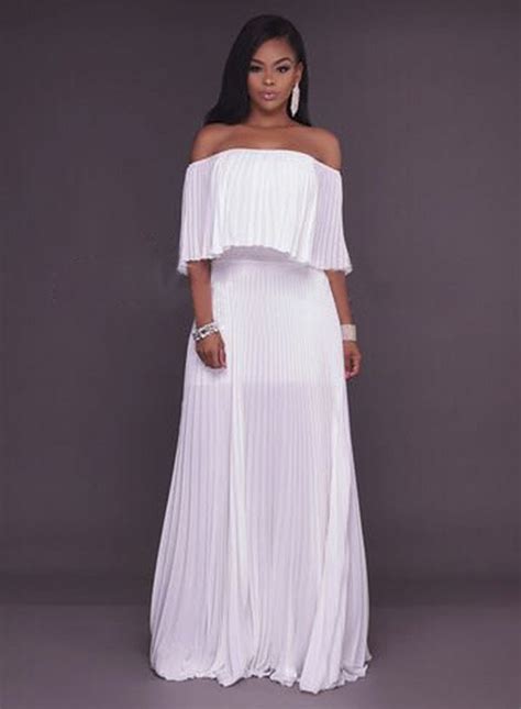 The Dress Is Featuring Slash Neck Off The Shoulder Ruffle Decoration Pleated Design Solid