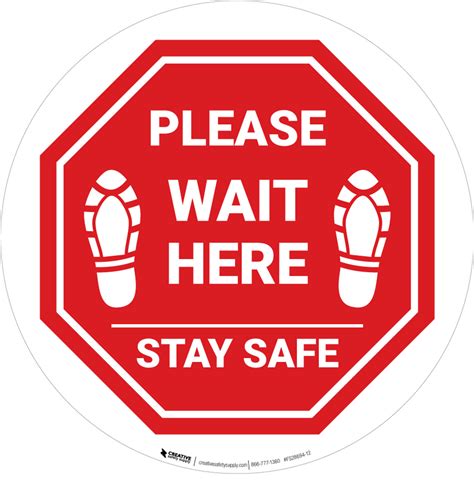 Please Wait Here Stay Safe Shoe Prints Stop Circular Floor Sign 5s