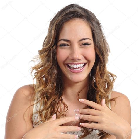 Front Portrait Of A Funny Fashion Woman Laughing Hilarious Stock Photo