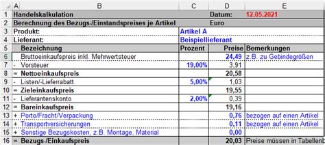 Handelskalkulation Arbeitshilfe In Excel