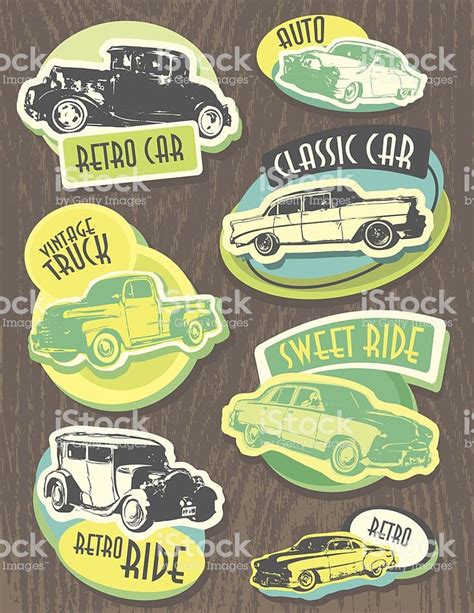 Retro Car Stickers On Wooden Background Royalty