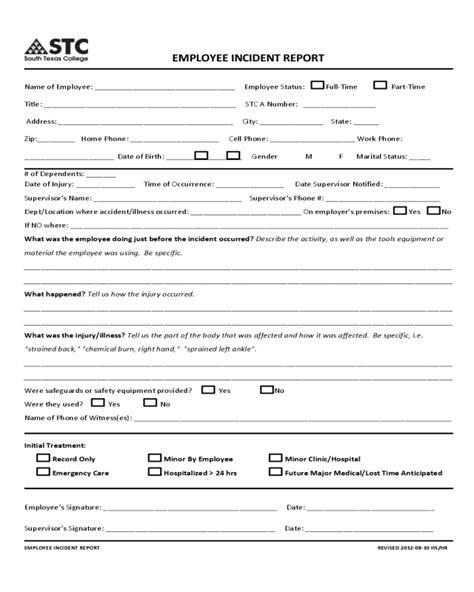 Employee Incident Report Forms Printable