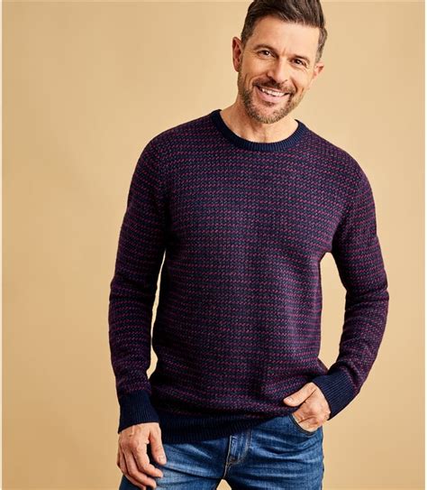 Navywinecharcoal Mens Lambswool Geo Stitch Jumper Woolovers Uk