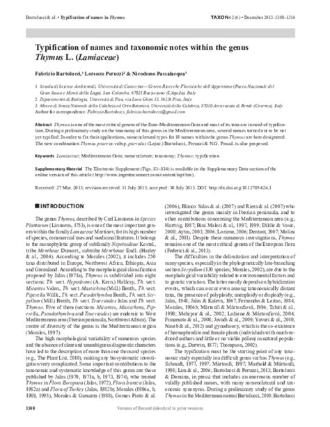Pdf Typification Of Names And Taxonomic Notes Within The Genus Thymus