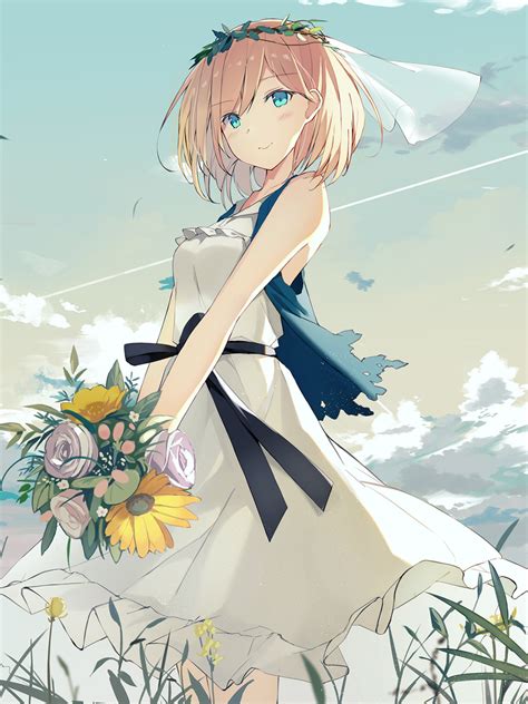 Download 1536x2048 Anime Girl Short Hair Yellow Flowers