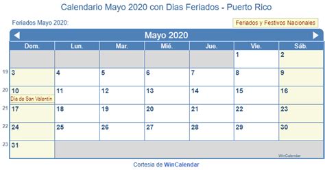 Calendario Mayo 2020 Para Imprimir Puerto Rico