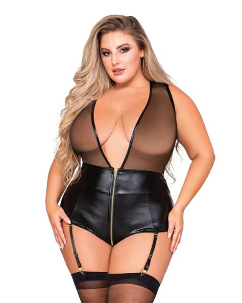Buy Handmade Dreamgirl International Plus Size Mesh And Faux Leather Garter Teddy With Plunging