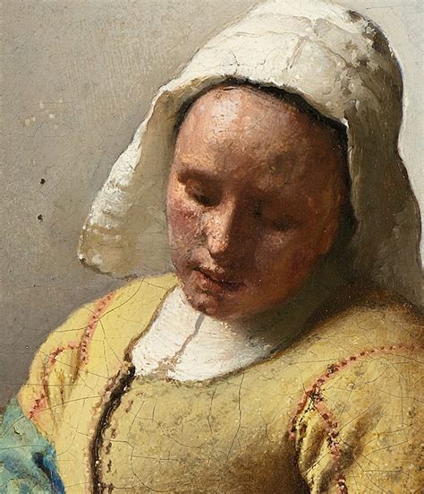 This is a framed, digital, linen canvas reproduction made using the finest, high resolution printer. A Closer Look at The Milkmaid by Johannes Vermeer