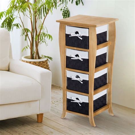 This cabinet with an elegant smooth wooden handle on drawers for opening and closing more easily; 4 Drawer Wicker Baskets Storage Tower Natural Wooden ...
