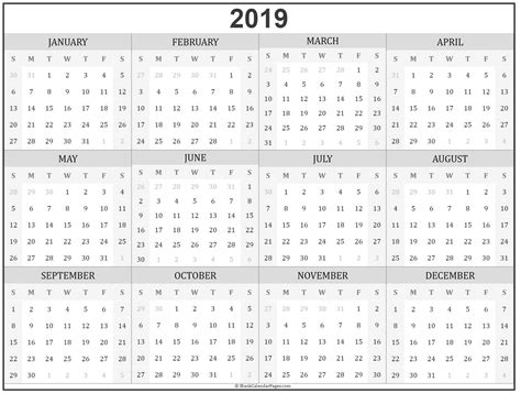 2019 Year Calendar Yearly Printable