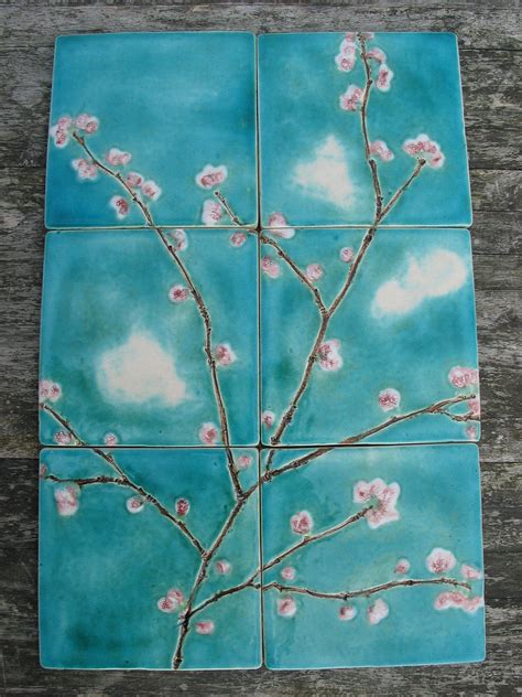 6 Cherry Blossom Ceramic Tiles Pink Turquoise Dreamy White