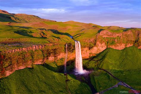 Aerial Drone View Of Seljalandsfoss Waterfall At Sunset Iceland