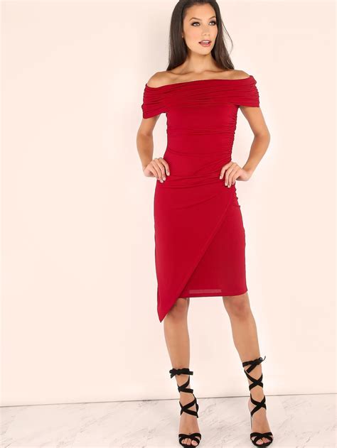 Red Foldover Off The Shoulder Ruched Wrap Dress Shein Sheinside