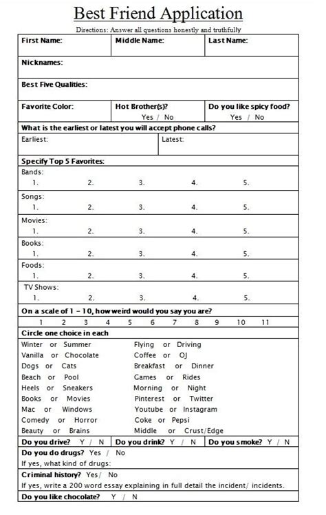Feel Free To Fill One Out Best Friend Application Friend