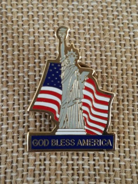 Vintage Collectible Pin God Bless America Statue Of Liberty Usa Flag In