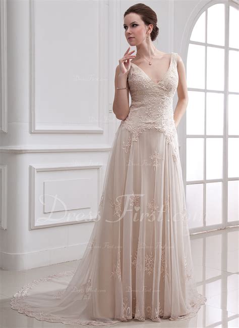 A Lineprincess V Neck Court Train Tulle Wedding Dress With Beading