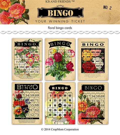 Digital Romantic Flower Bingo Cards 2 Valentine Ephemera 5 By 7