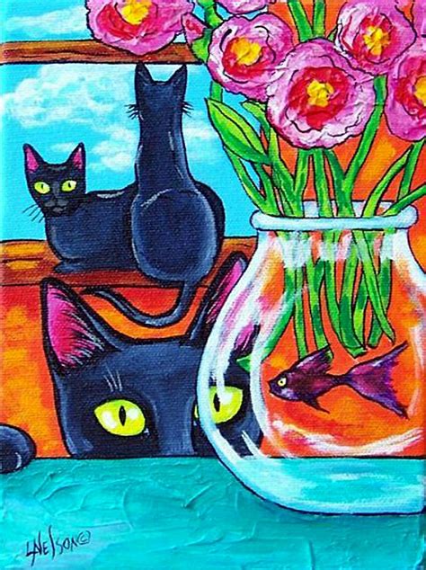 Three Black Cats And A Betta Fish Par Lisa Nelson Crazy Cat Lady