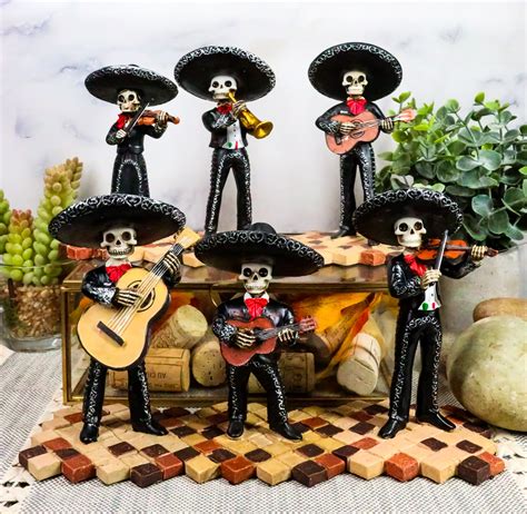 Day Of The Dead Black Mariachi Band Folk Musician Skeleton Figurines