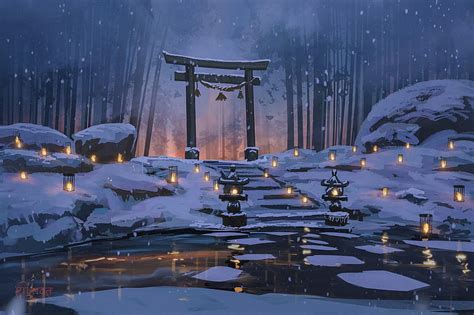 Anime Landscape Torii Shrine Forest Sunlight Cat Scenic Anime