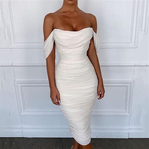 Women Winter Dress Sexy Party Club Night Bodycon Off Shoulder Pleated Backless Slip White Black