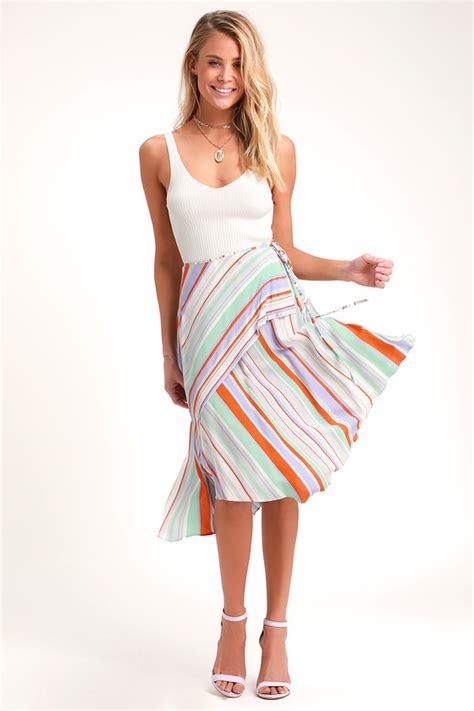 Astr The Label Palette Orange Multi Striped Skirt Midi Skirt Lulus