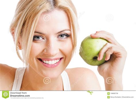 Cheerful Girl With Apple Stock Photo Image Of Blonde 108682758