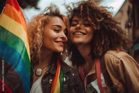 ภาพประกอบสต็อก gay women lesbian couple with lgbt rainbow flag lgbt pride month celebration