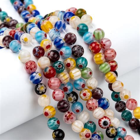 6mm Round Glass Beads Millefiori Multicolored X38cm Perles And Co