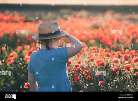 Cute little girl having fun in a poppy field in magic sunset Stock