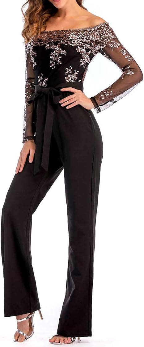 Battnot Damen Jumpsuit Elegant Sexy Pailletten Schulterfrei Langarm Lange Overall Frauen Onesie