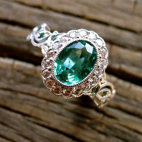 Green Emerald Vine Ring In 14k White Gold With Diamonds In