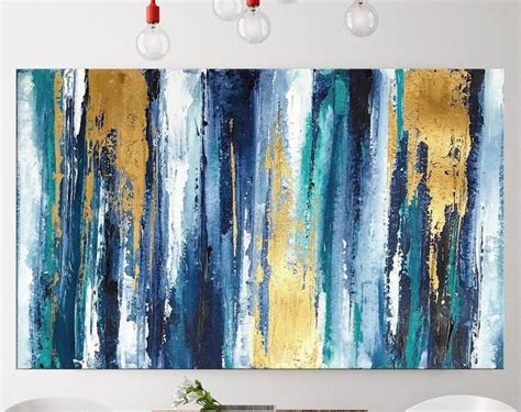 Large Abstract Art Canvas Painting Blue Gold Minimalist Gold Etsy